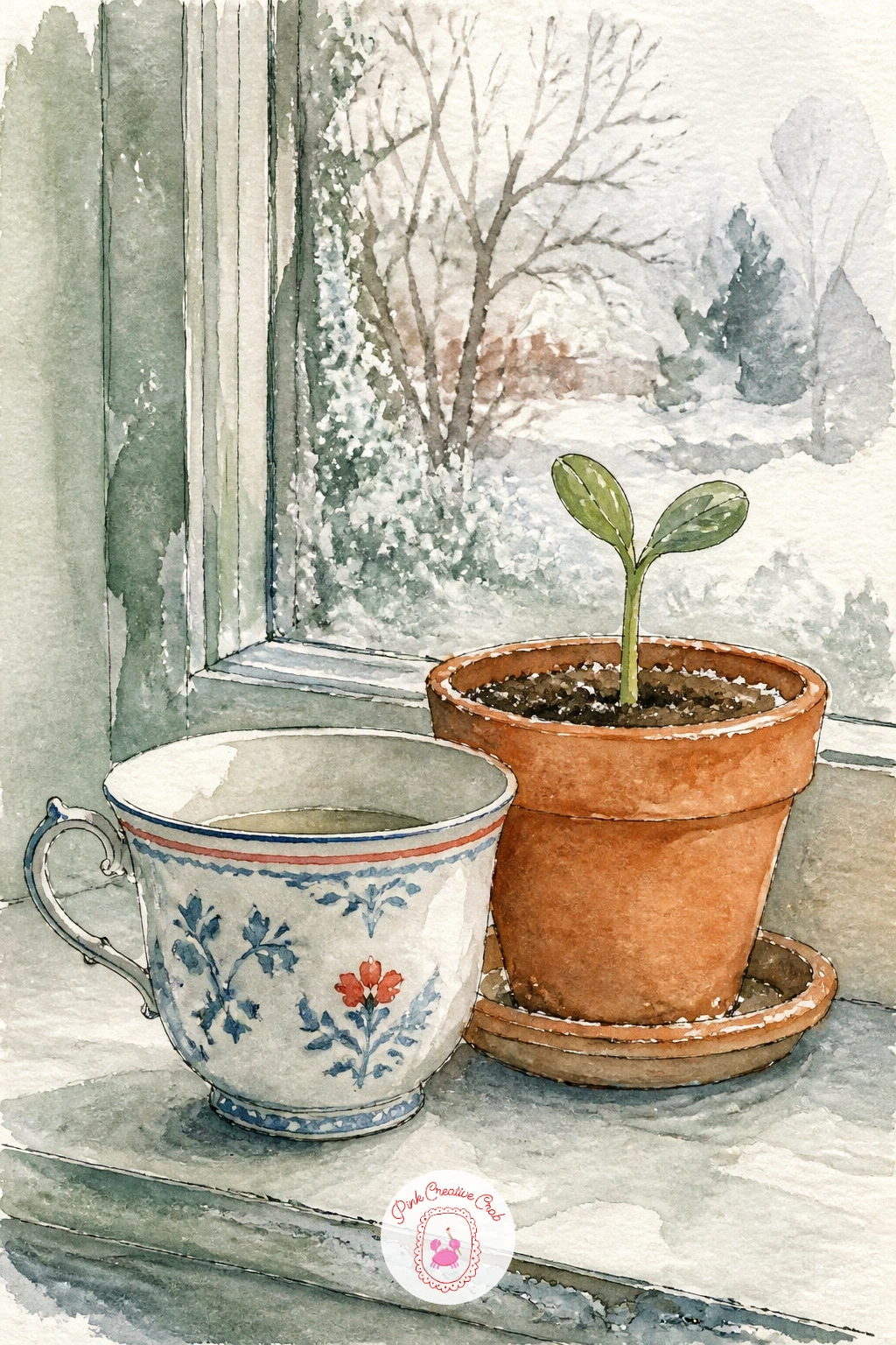 Teacup Beside Sprouting Seedling On Sill — A sprouting seedling beside the teacup on a February windowsill is a small sign of the season turning, so keep the