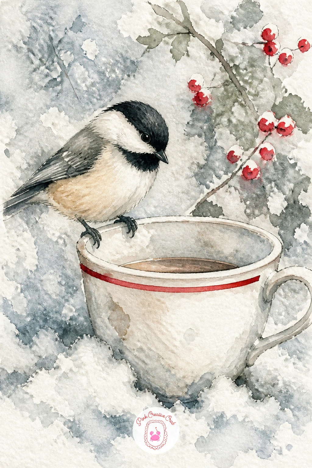 Chickadee Perched On Teacup Rim — A chickadee landing on the rim of a teacup left out on a snowy table is the smallest bird on this list and a good one for