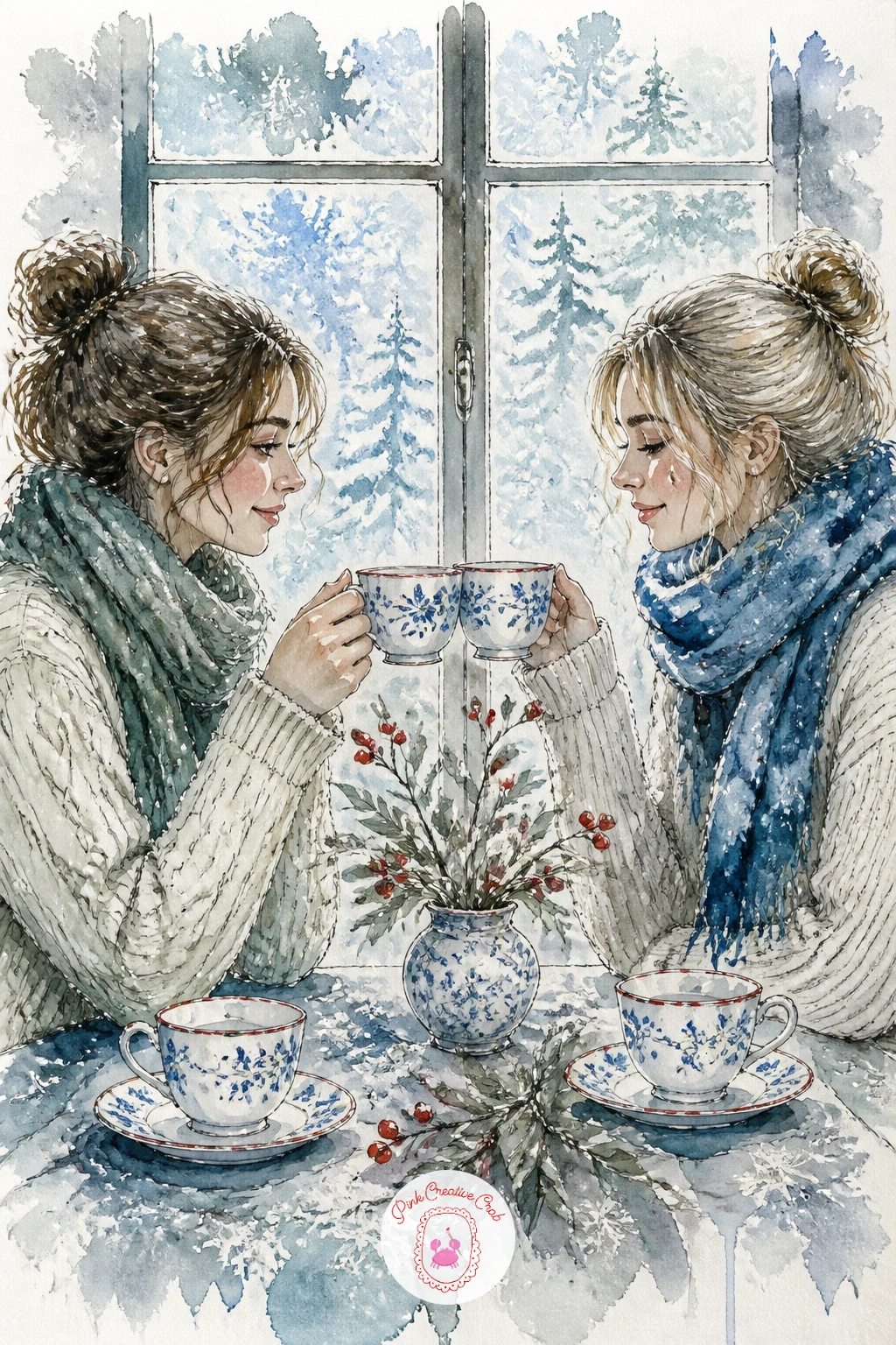 Two Friends Clinking Teacups By Window — Two friends clinking teacups across a table by a frosty window brings a second figure into the scene along with a