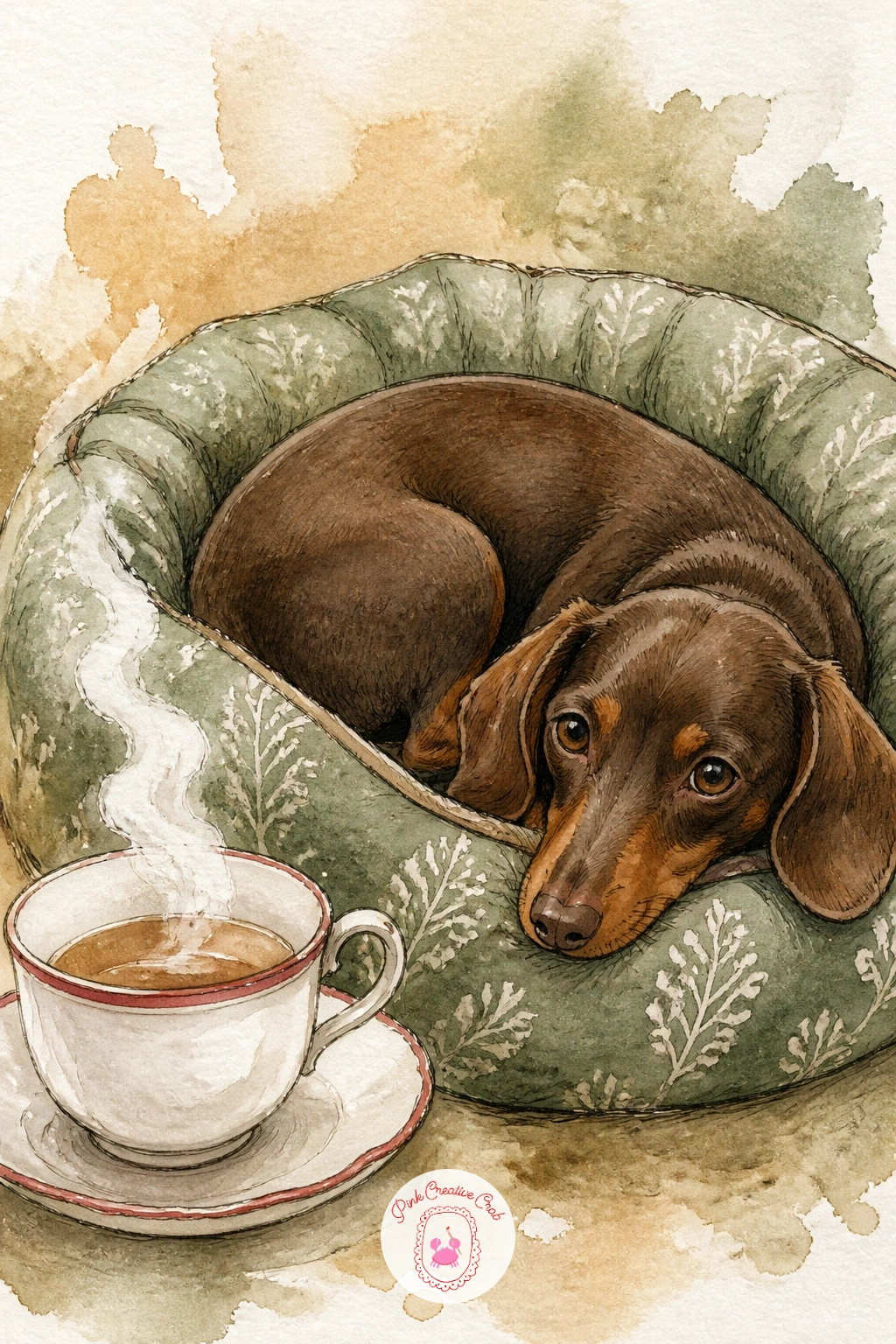 Teacup Beside Dachshund In Dog Bed — A dachshund curled in its dog bed beside a steaming teacup is a good late subject for this list, since by now you have