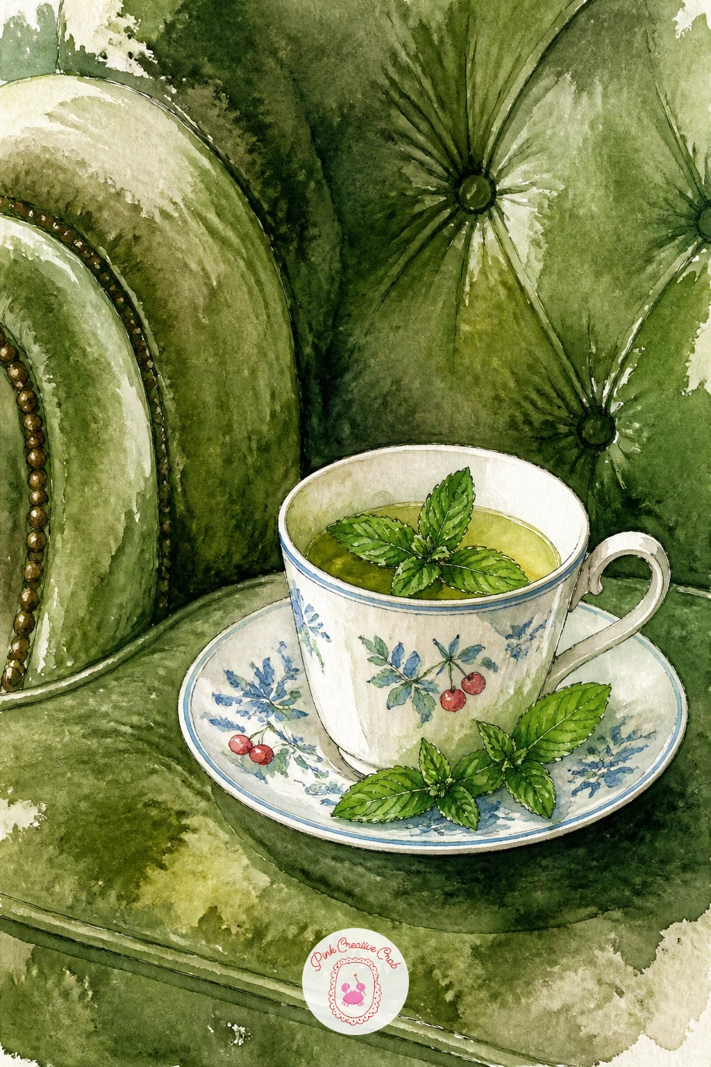 Mint Tea On Moss Green Velvet Armchair — Mint tea on a moss green velvet armchair returns to the fireside mood from earlier but with a richer fabric texture to