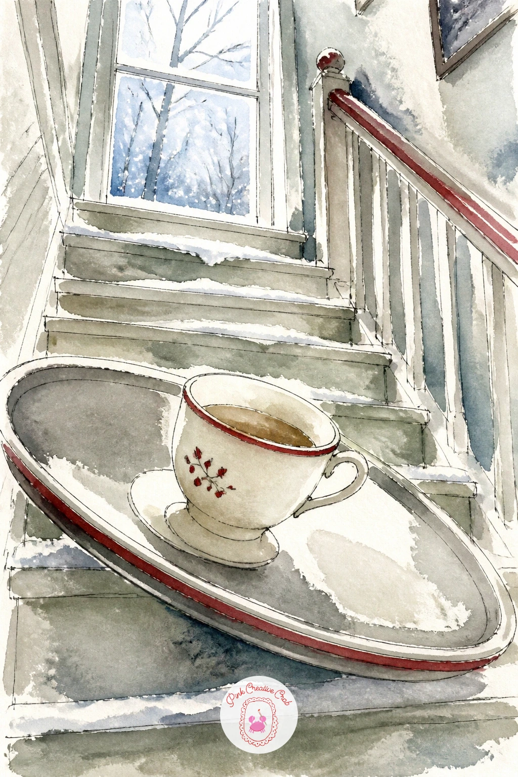 Teacup On Tray Carried Upstairs — Close this list with a teacup on a tray being carried upstairs on a snow day morning, which lets you paint a hand, a tray and