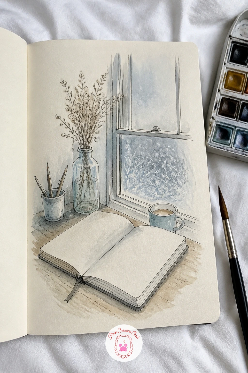 New Sketchbook on a Desk — Start the month with the simplest page in the whole book: a new sketchbook lying open on a desk beside a frosty window. January