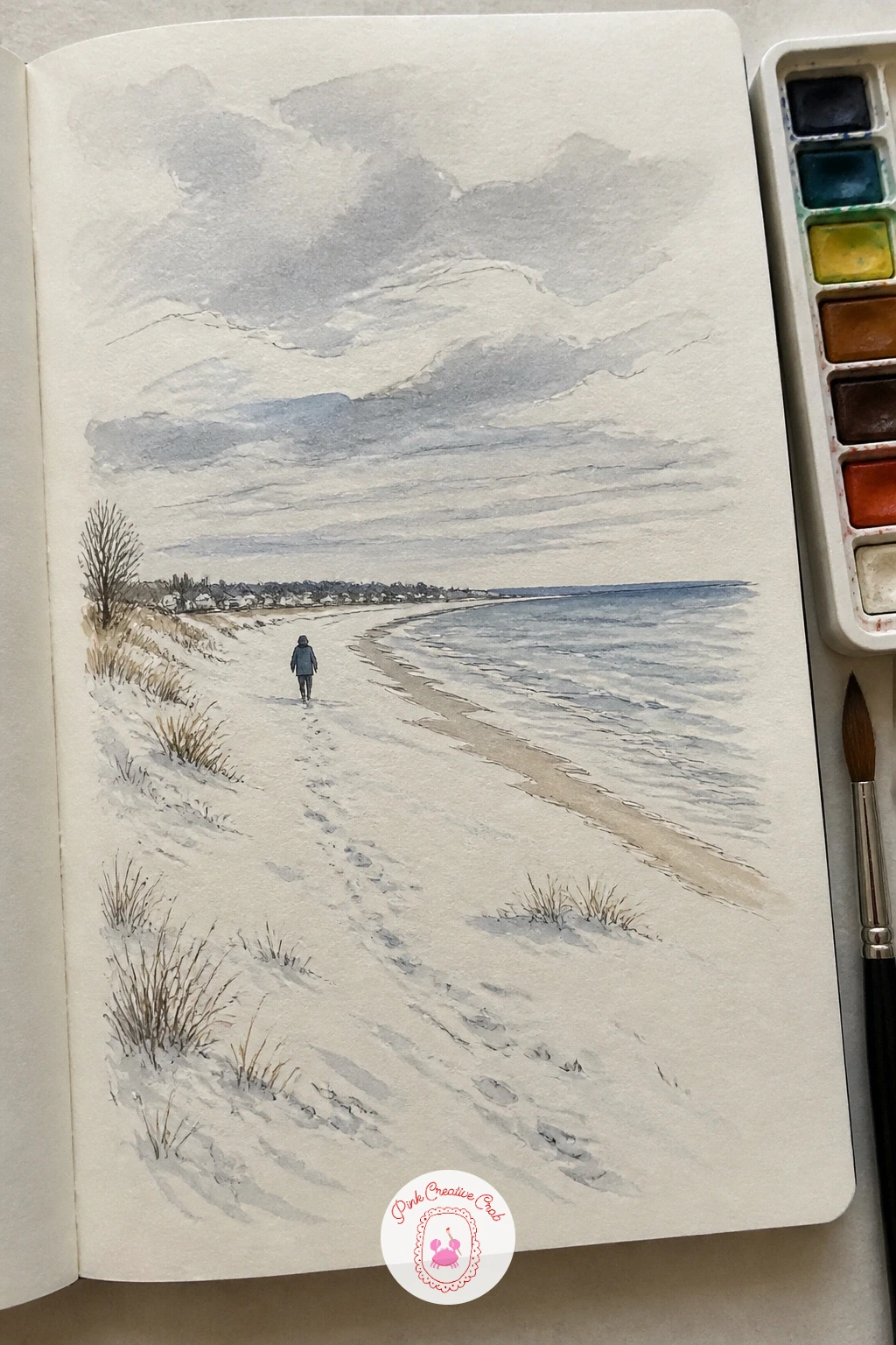 Empty Snowy Beach Walk — After two indoor pages, head outside for a quiet New Year's Day walk along an empty snowy beach. January drawing ideas