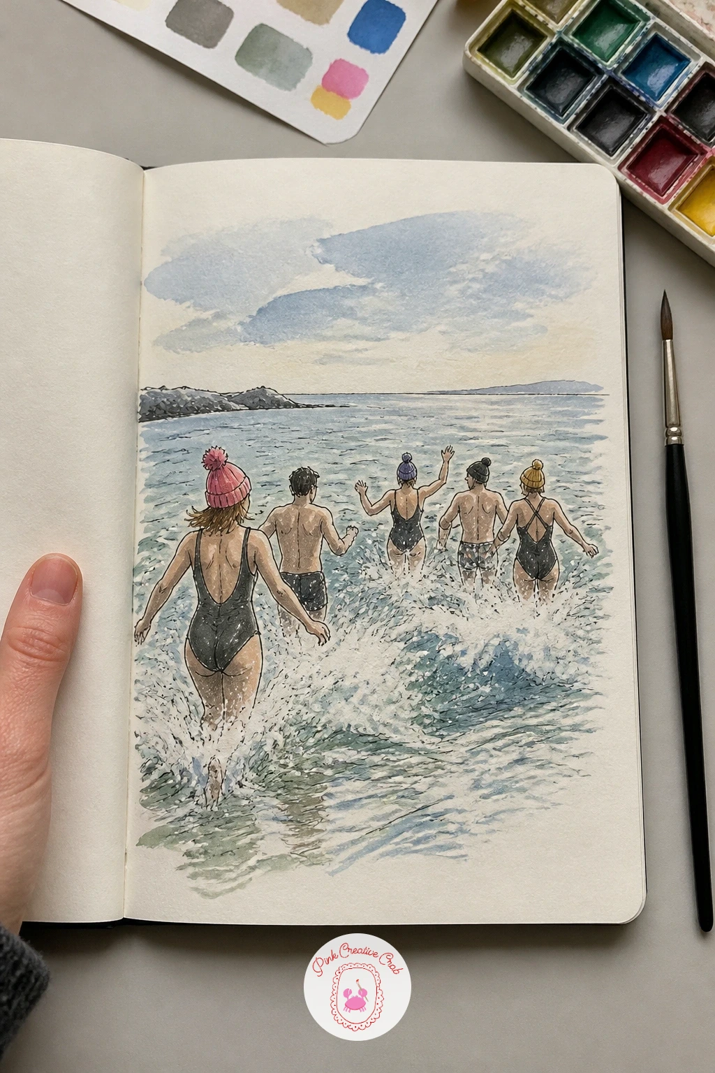 New Year's Day Sea Swim — Keep the beach but bring in motion and people for friends running into the sea for a New Year's Day swim. January drawing ideas