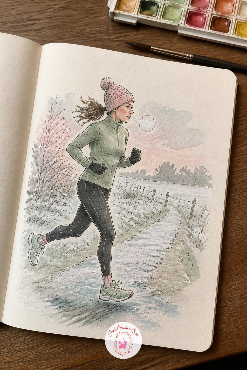 Frosty Morning Run — Narrow back down to one figure for a girl in a new knit hat on a frosty morning run. January drawing ideas