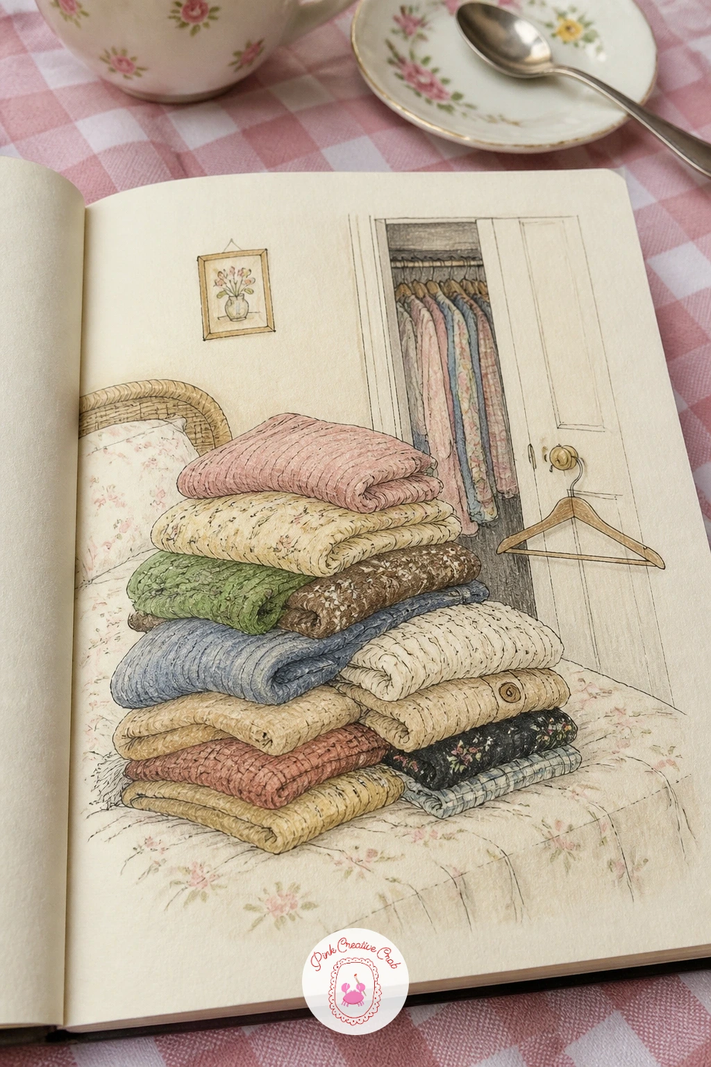 Closet Clear-Out Pile — Come back indoors for a closet clear-out with piles of sweaters heaped on the bed. January drawing ideas