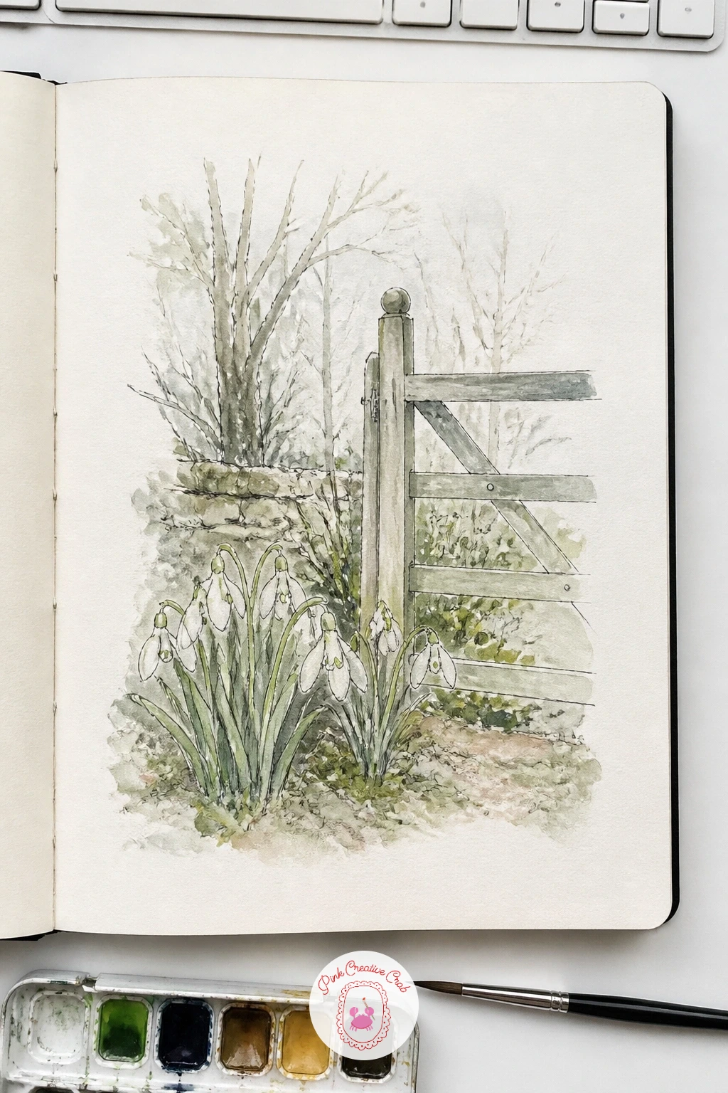 Snowdrops by the Garden Gate — Step back outside for a clump of snowdrops by a garden gate in late January, your first plant study of the month. January