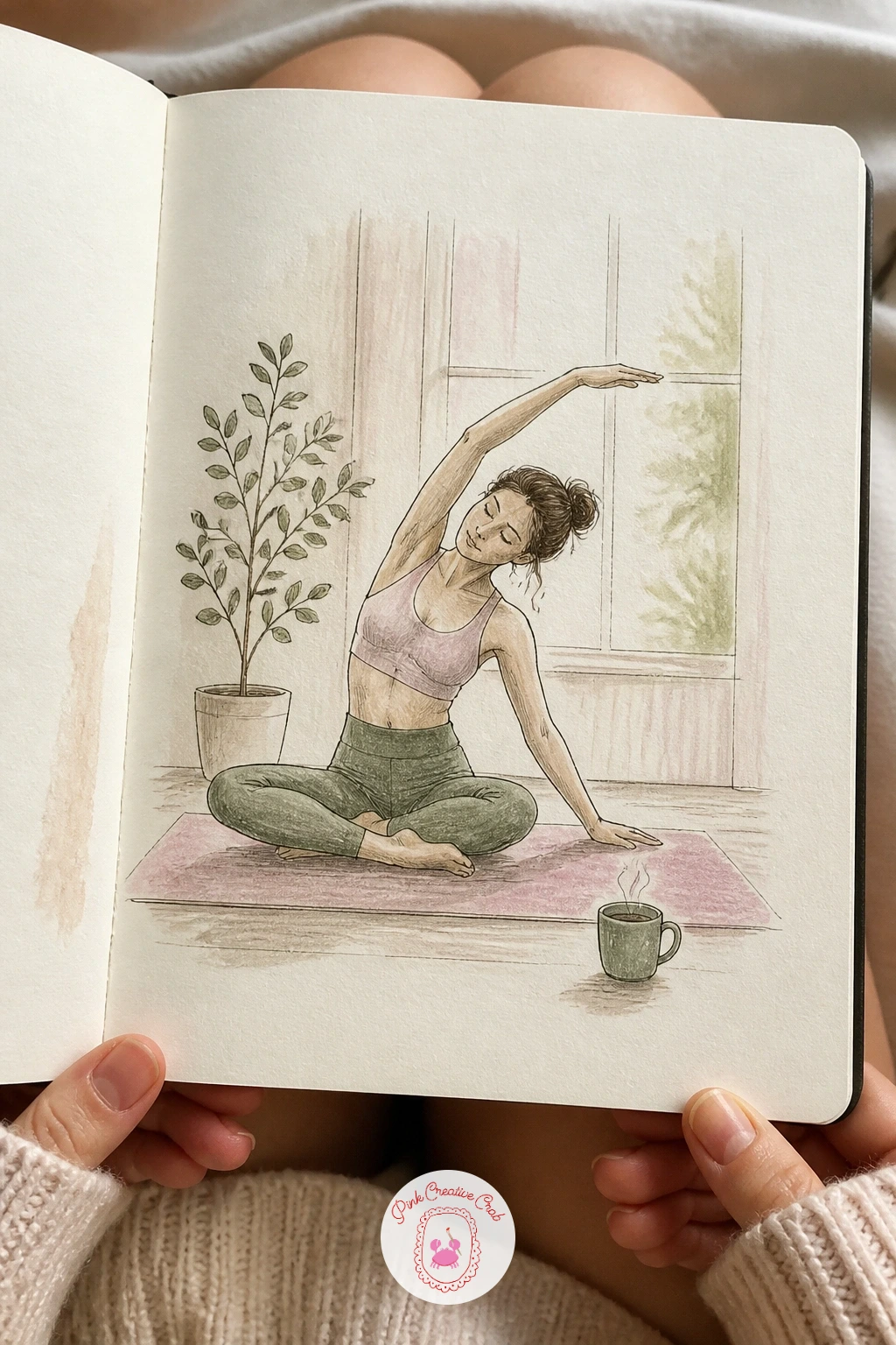 Yoga Stretch in a Pale Window — Slow the page down again with a woman stretching on a yoga mat in a pale January window. January drawing ideas