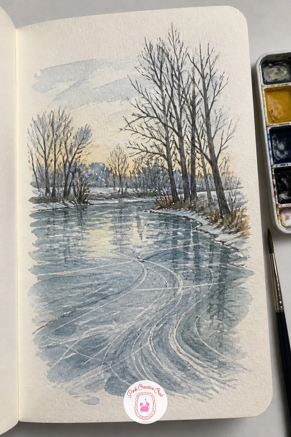 Frozen Pond with Skate Lines — Head back outdoors for a frozen pond with fresh skate lines on a still morning. January drawing ideas