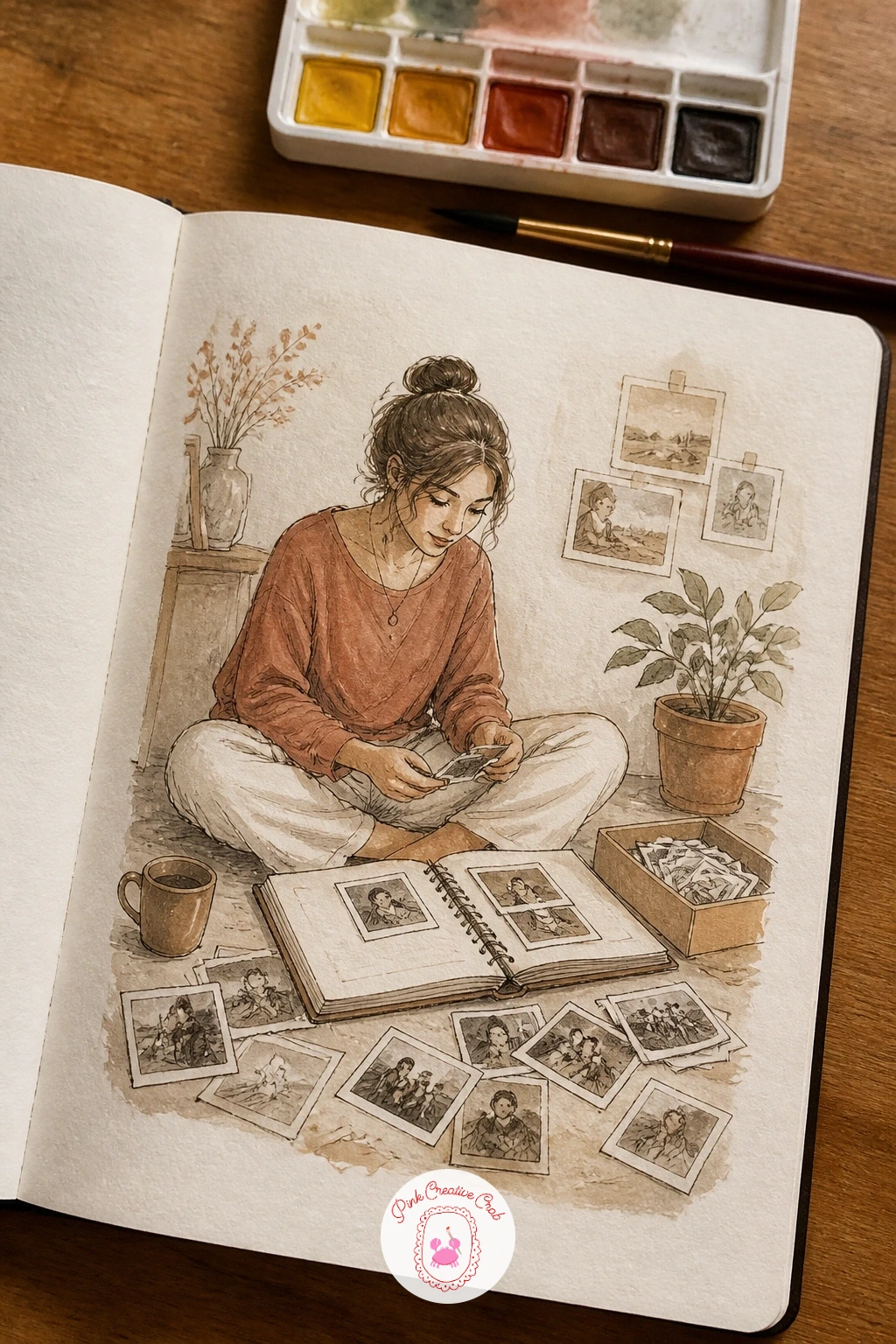 Sorting Old Photos on the Floor — Settle into something quieter for a woman sorting old photos into an album on the floor. January drawing ideas
