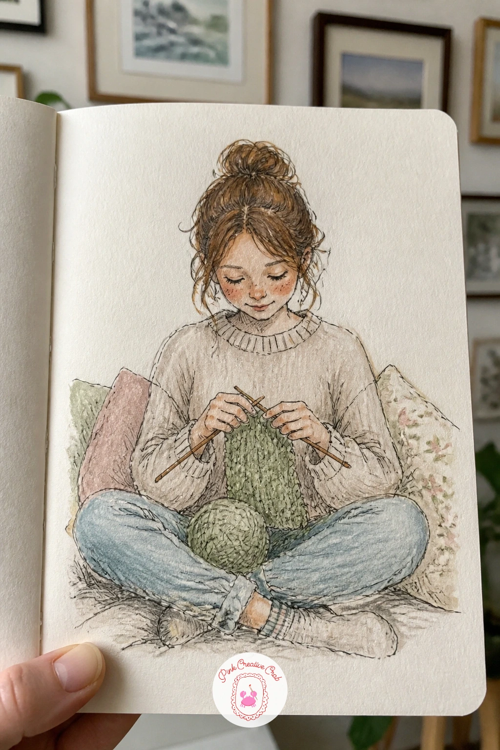 Learning to Knit with Sage Yarn — Bring the pace back down indoors for a girl learning to knit with a ball of sage yarn. January drawing ideas