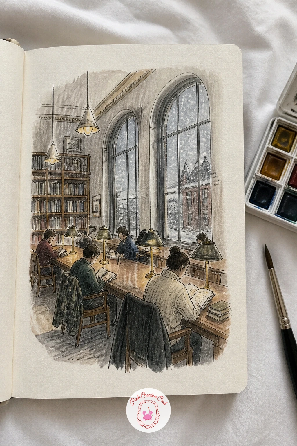 Snowy Library Reading Room — Widen out for a quiet library reading room on a snowy weekday, a scene with more going on than most of this month's pages so take