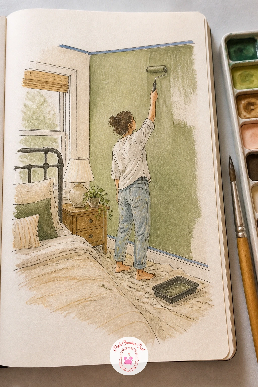 Painting a Bedroom Wall Sage Green — Move back indoors for a woman painting a bedroom wall a fresh sage green, a nice contrast of warm activity after the cold