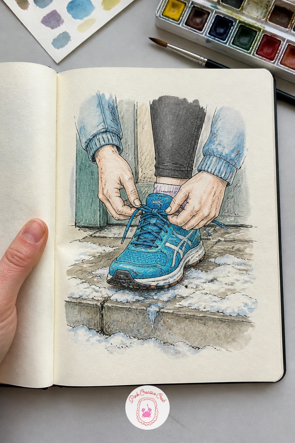 Tying New Shoes on a Snowy Doorstep — Narrow right in for a quiet close detail: a runner tying new shoes on a snowy doorstep. January drawing ideas