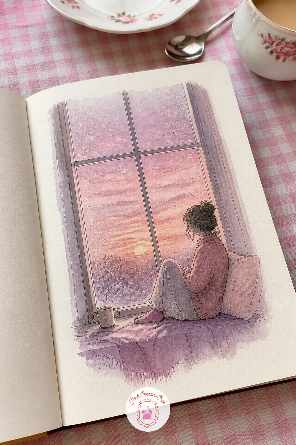Pink Sunset From a Window Seat — Bring the day full circle with a girl watching an early pink sunset from a frosty window seat, a quiet evening match to the