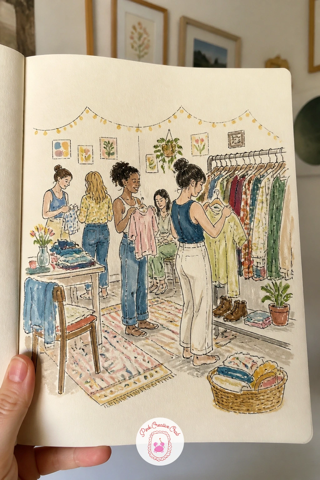 Cozy Clothes Swap Party — Bring friends back together for a clothes swap party, warm and a little crowded after the quiet window seat. January drawing ideas