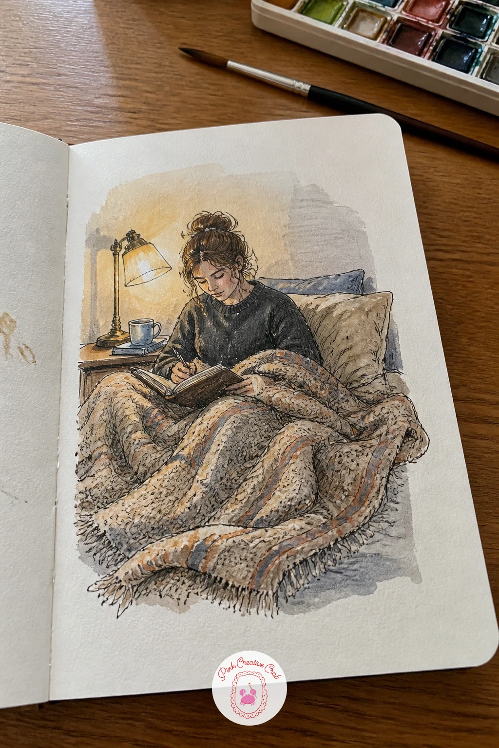 Journaling in Bed Under a Wool Blanket — Bring the day down to its quietest point for a woman writing in a journal in bed under a heavy wool blanket. January