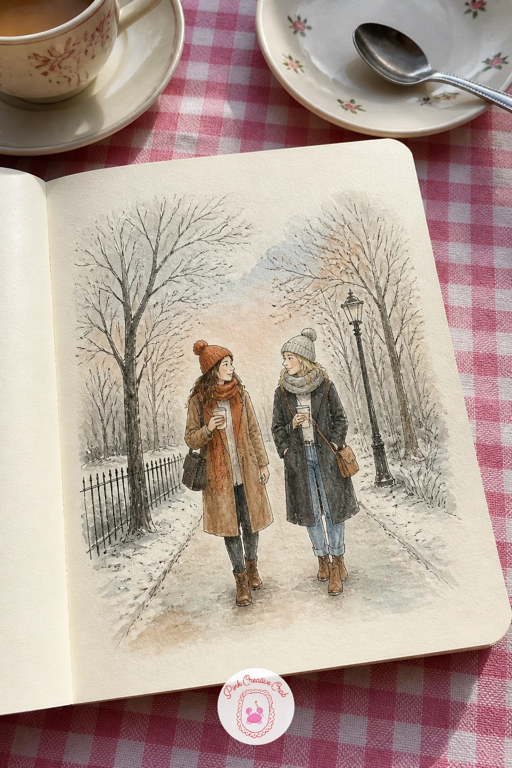 Frosty Park Walk With Coffees — Bring two friends back outside for a long frosty park walk with coffees in hand. January drawing ideas