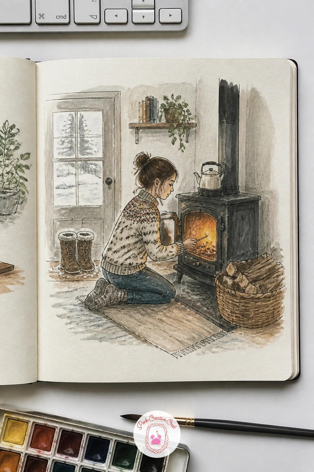 Lighting the Wood Stove on a Snowy Sunday — Close the month with a girl lighting the wood stove on a snowy Sunday morning, a warm, still note to end on.