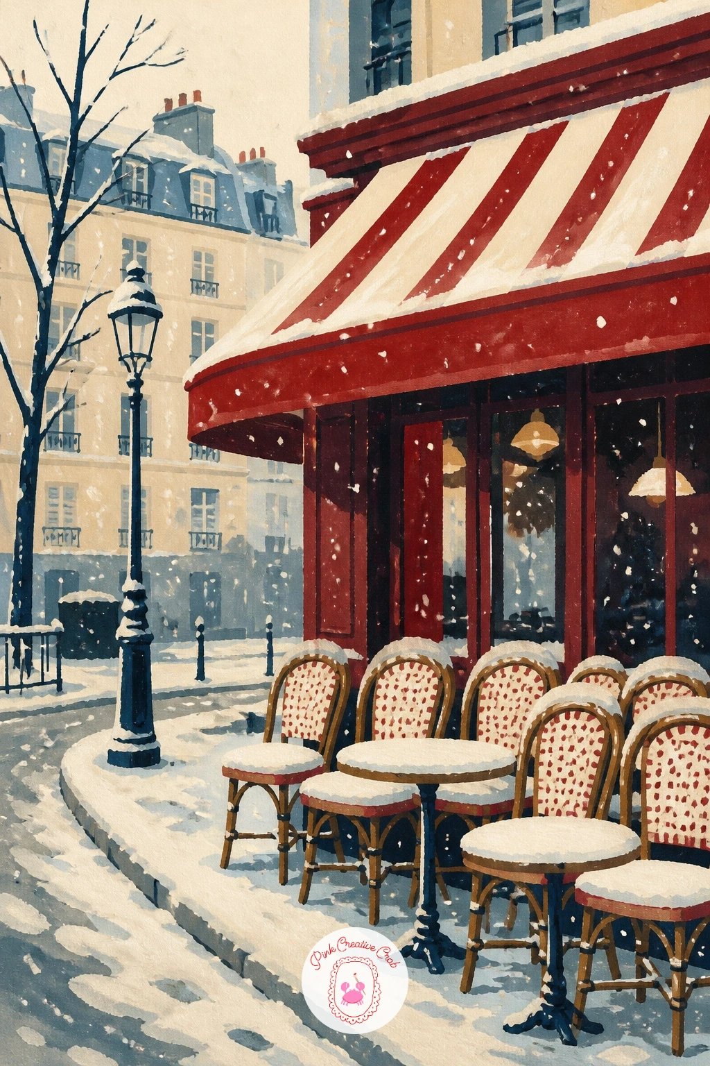Paris Cafe Corner in Snow — Start with the easiest scene in the set: a Paris street corner, one striped awning, and a few bistro chairs catching snow on their