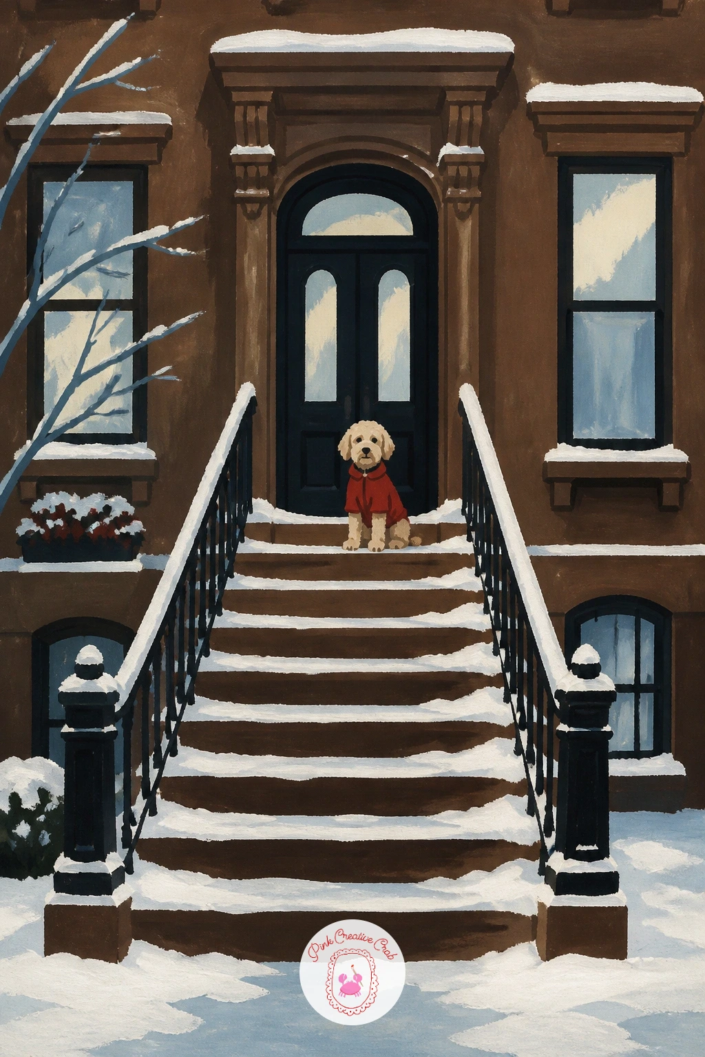 New York Brownstone Stoop With a Dog — This one adds a figure to the mix: a small dog in a red coat sitting on a brownstone stoop under fresh snow. City