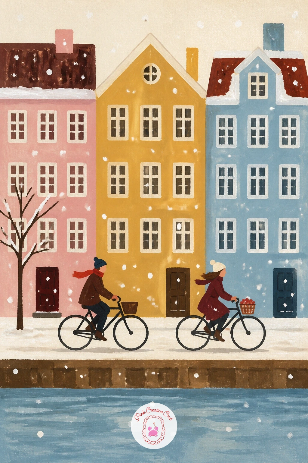 Copenhagen Cyclists by Pastel Harbor Houses — Move from a single building to a whole row: Copenhagen's pastel harbor houses with two cyclists riding past in
