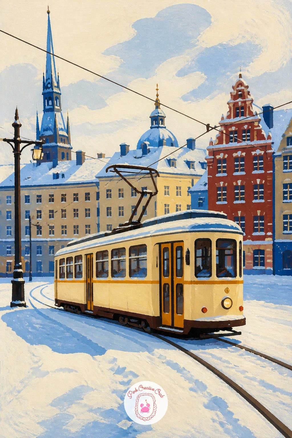 Stockholm Tram in a Snowy Square — Give the city some motion with a Stockholm tram rattling across a snowy square. City illustration