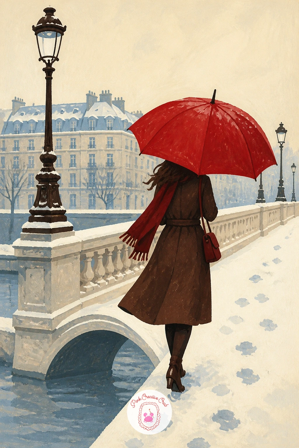 Woman With a Cherry Red Umbrella on a Paris Bridge — Center this one on a single strong shape: a woman crossing a snowy Paris bridge under a cherry red