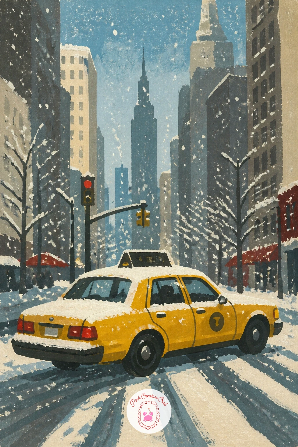 Yellow Taxi Stopping in Manhattan Snow — Bring a burst of color to a gray avenue with a yellow taxi stopping mid-street in falling snow. City illustration