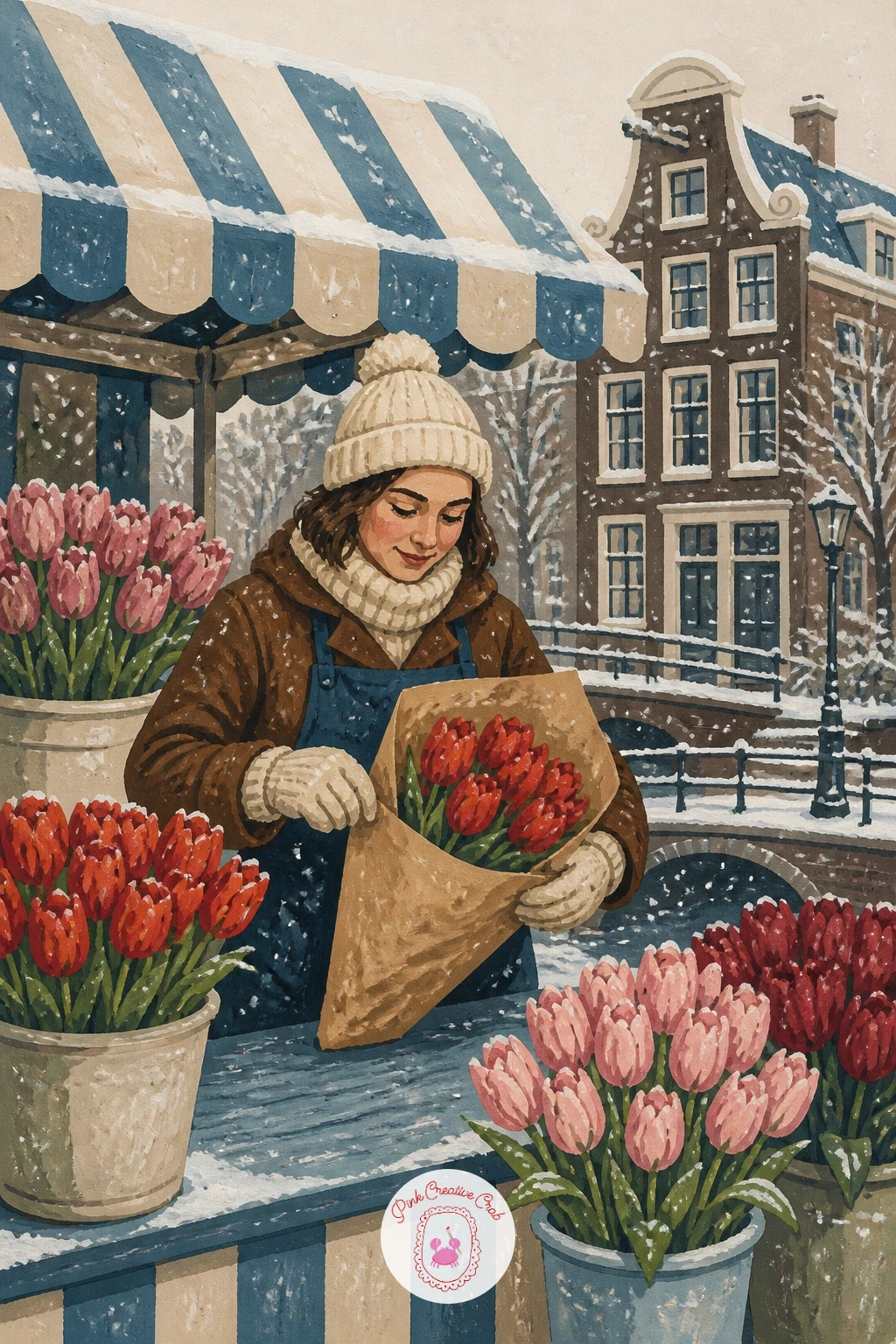 Flower Seller Wrapping Tulips in Amsterdam Snow — Follow the taxi with something quieter: a flower seller wrapping tulips under an awning while snow falls on