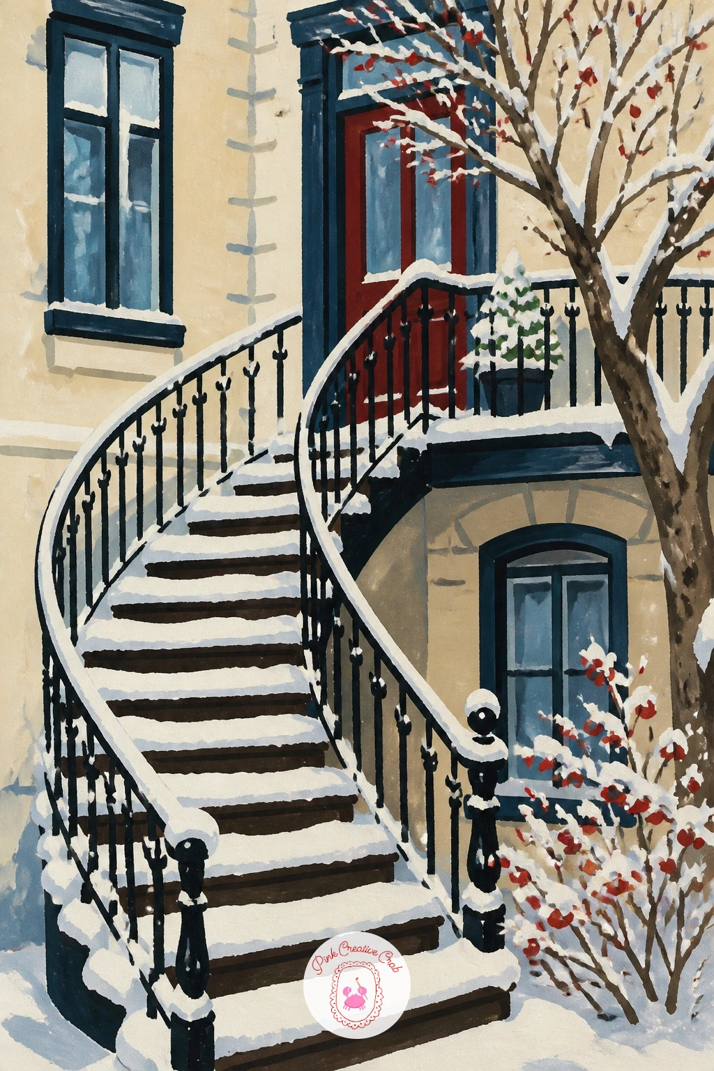 Montreal Outdoor Staircase in Snow — Montreal's spiral outside staircases make a striking subject on their own, snow sitting on every single step. City