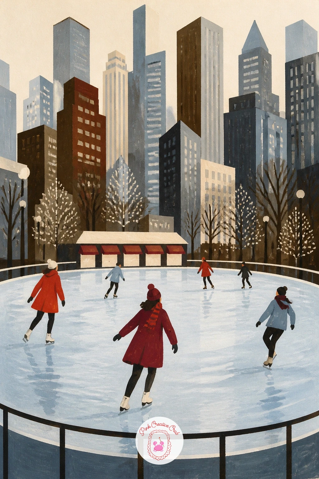 City Ice Rink Ringed by Towers — Widen the scene for this one: an outdoor ice rink in a city park, ringed by tall towers behind it. City illustration