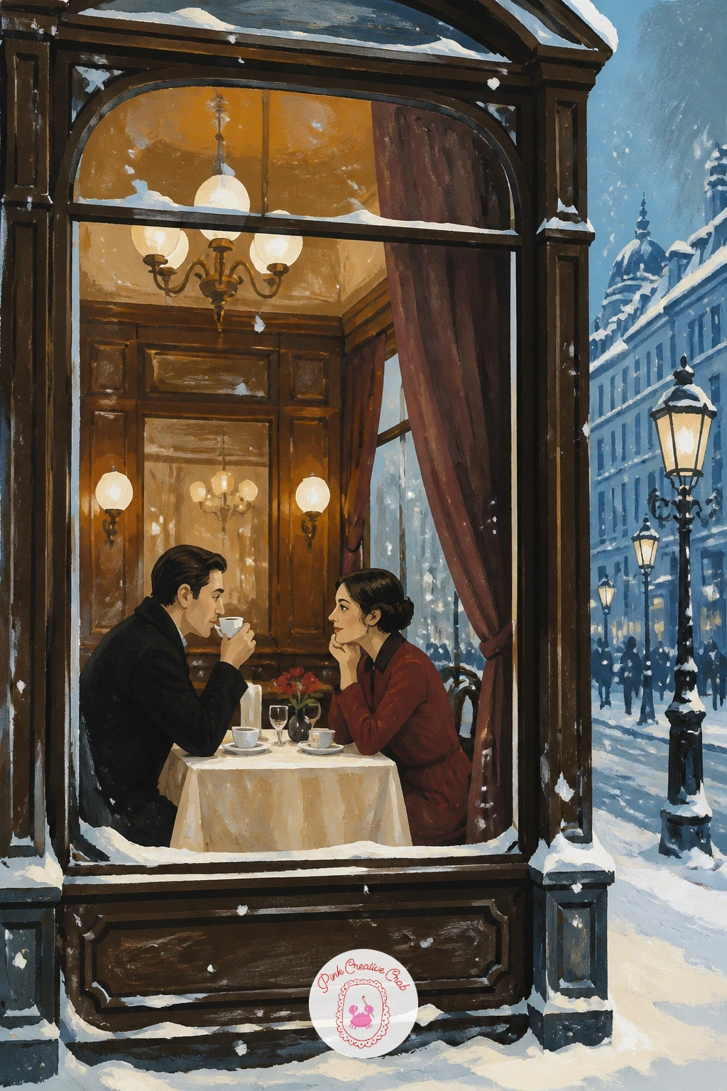 Vienna Coffee House Window — Step inside for a moment with a Vienna coffee house window, a couple seated at a table and a snowy street just visible beyond the