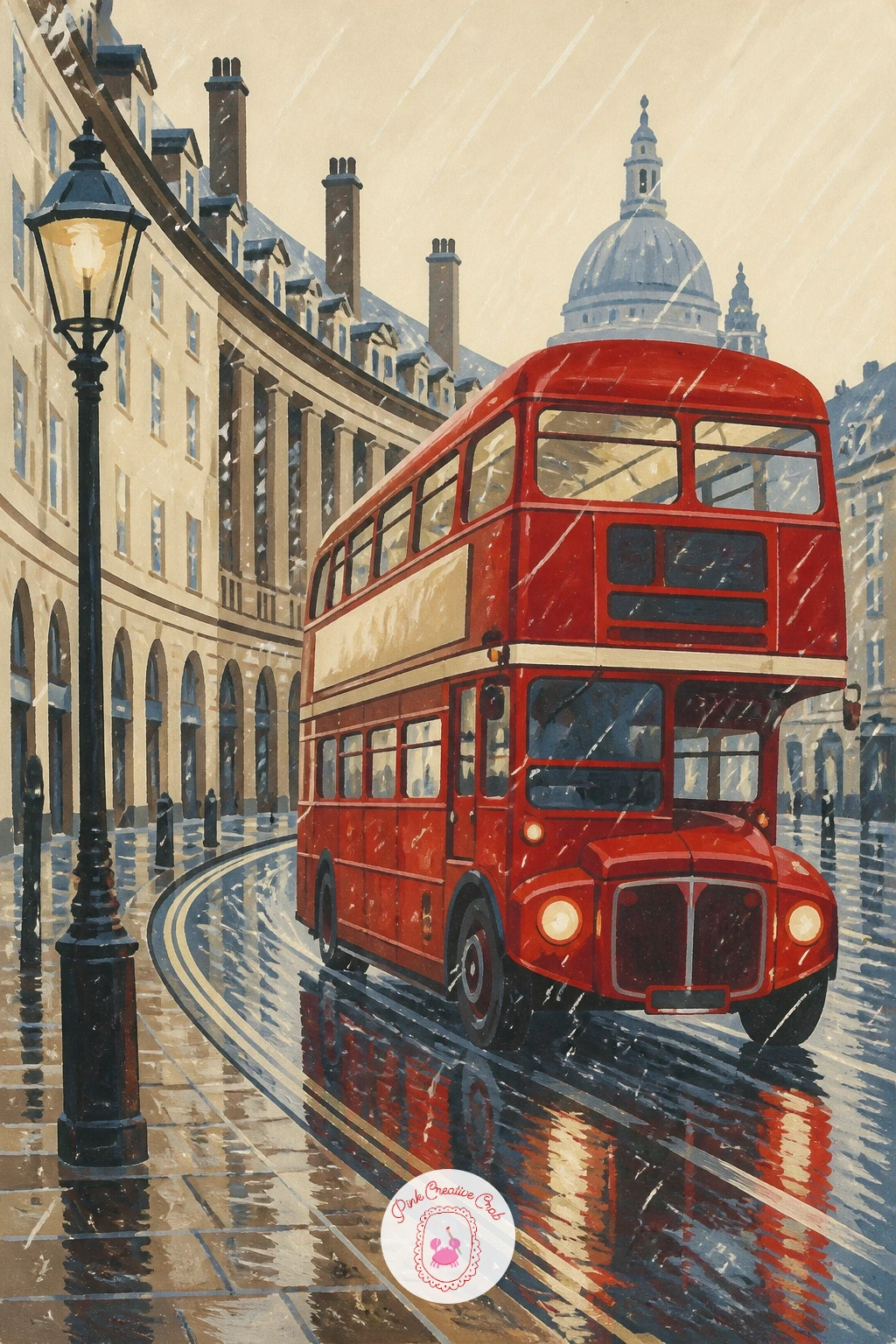 Red Double-Decker Bus in London Sleet — Bring back a strong color note with a red double-decker bus moving through sleet on a curved London street. City