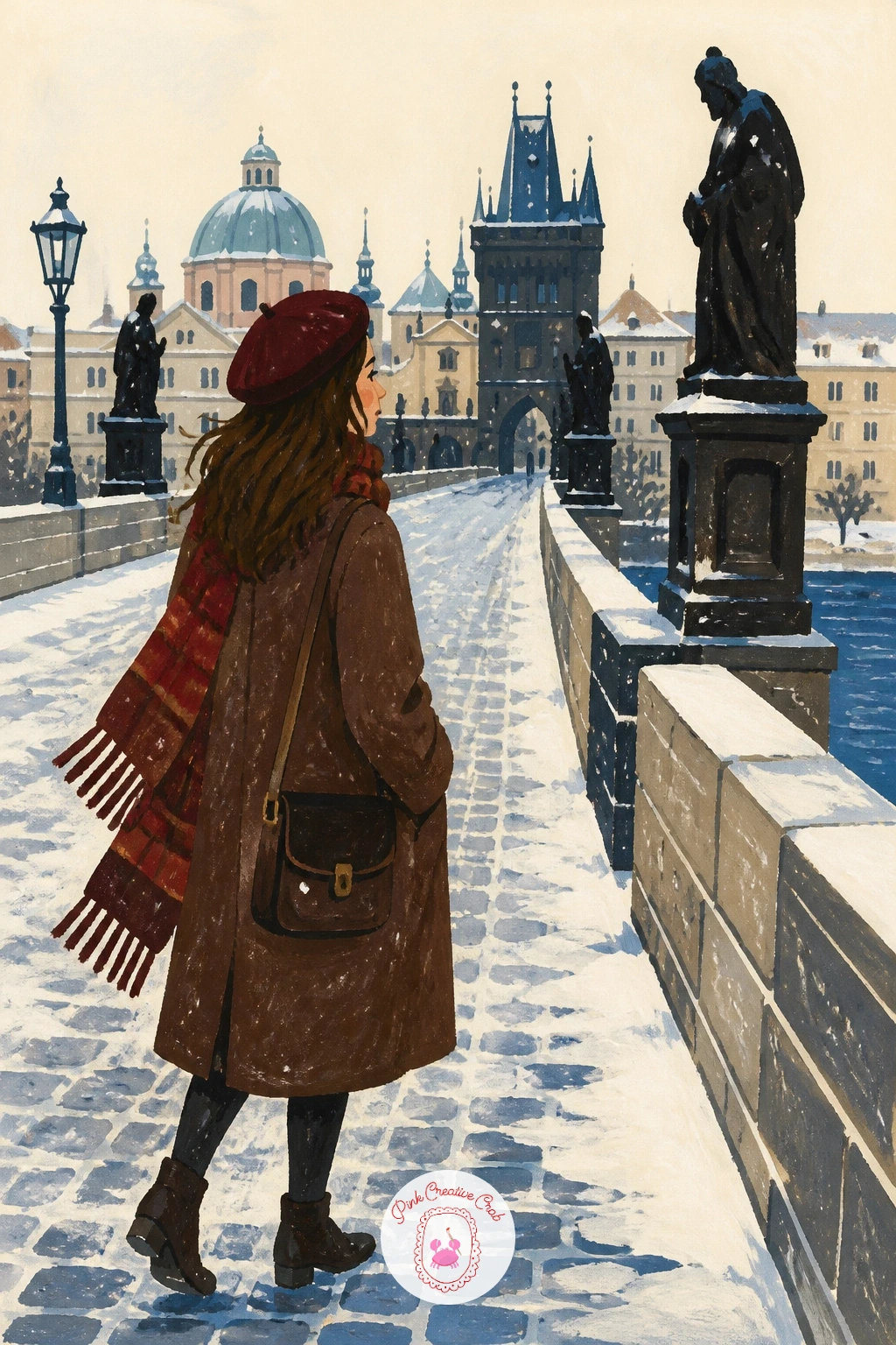 Girl in a Beret on a Prague Bridge — Give a single figure the whole stage: a girl in a beret walking a snowy Prague bridge lined with statues. City illustration