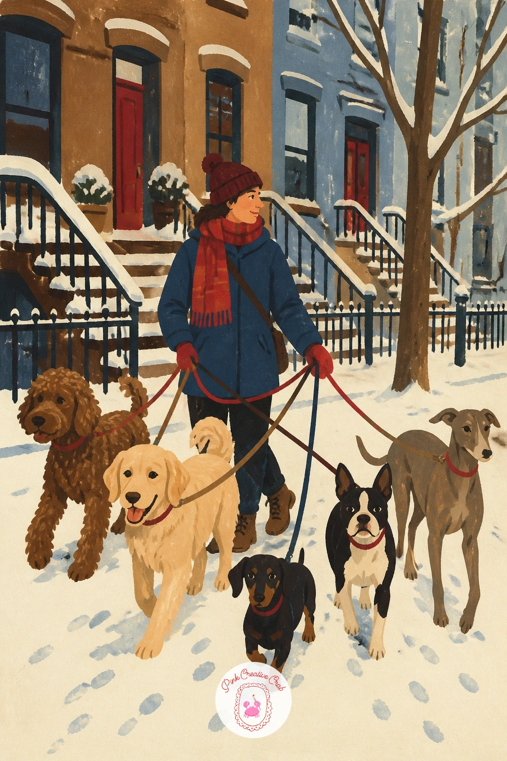Dog Walker With Five Dogs in Brooklyn — Multiply the challenge a little with a dog walker managing five dogs on a snowy Brooklyn sidewalk. City illustration