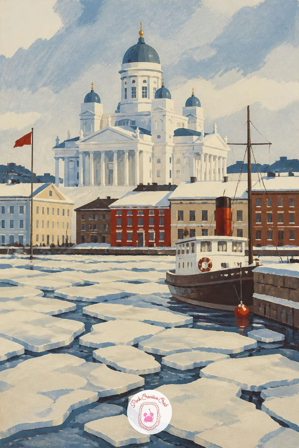 Helsinki Harbor With Ice Floes — Move to open water for Helsinki's harbor, ice floes scattered across it and a white cathedral rising behind. City illustration