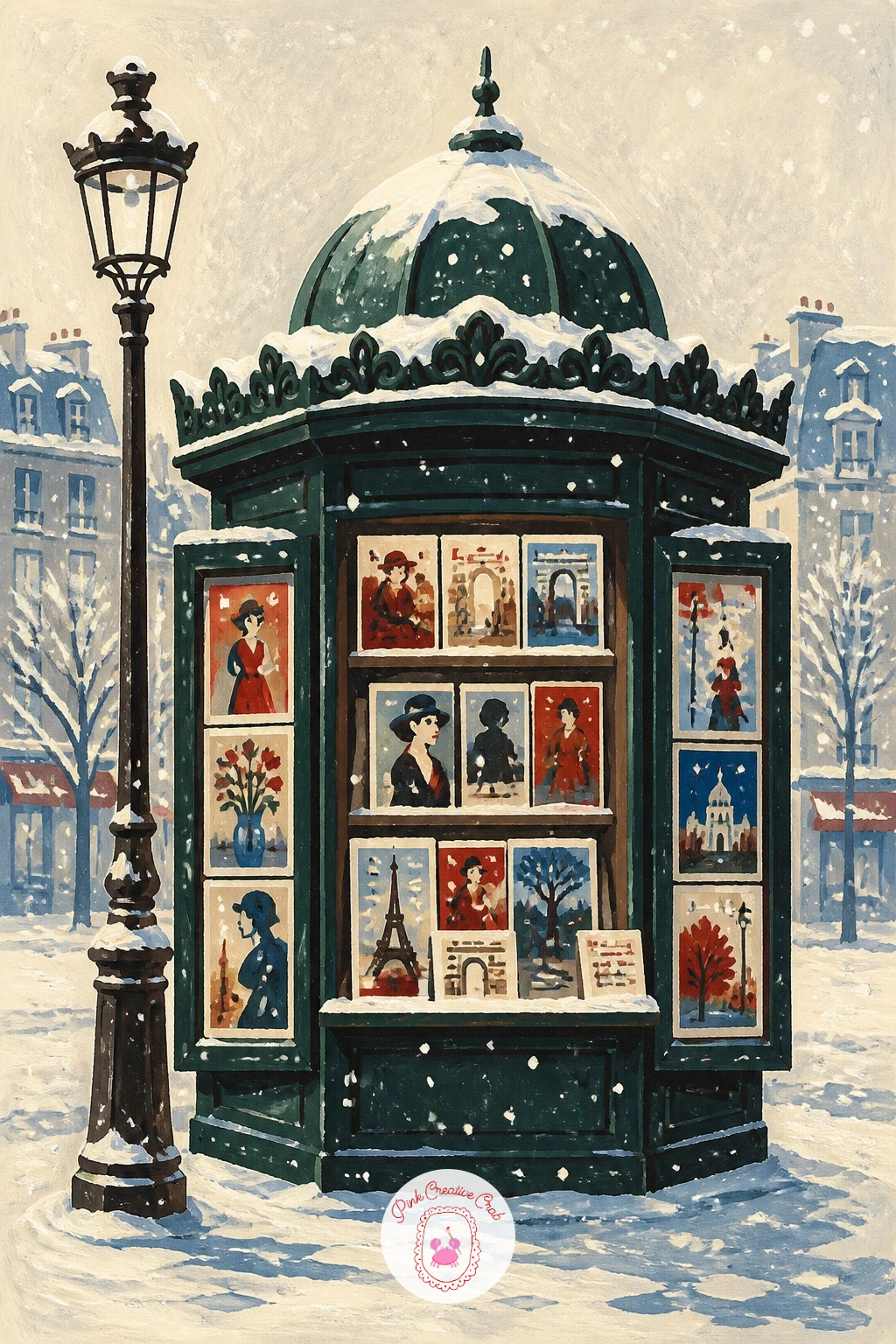 Paris Newspaper Kiosk With Snow — Return to a single-object focus with a Paris newspaper kiosk, its green roof capped in snow. City illustration