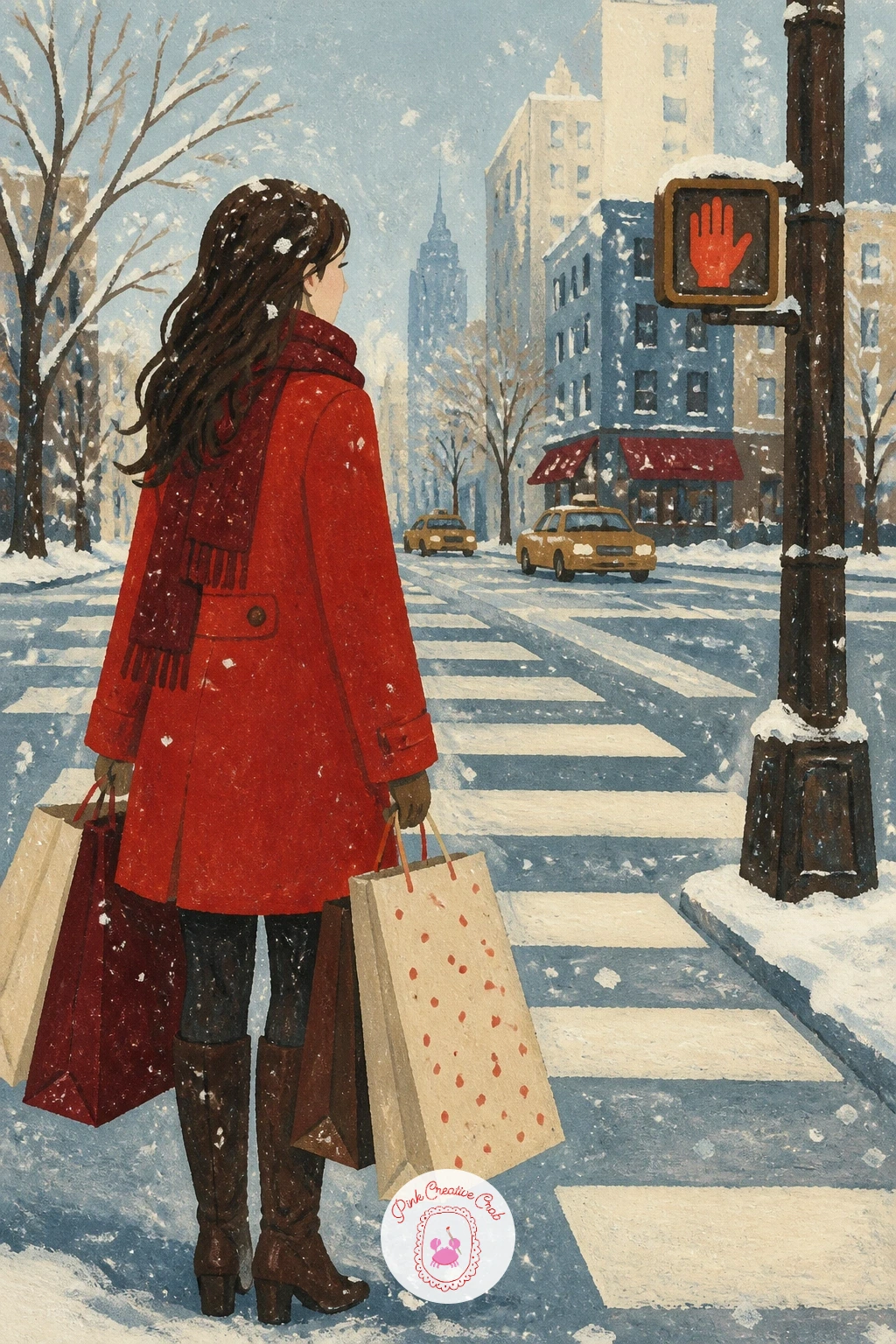 Girl With Shopping Bags at a Crosswalk — Here is a simple everyday moment: a girl with shopping bags waiting at a snowy crosswalk. City illustration