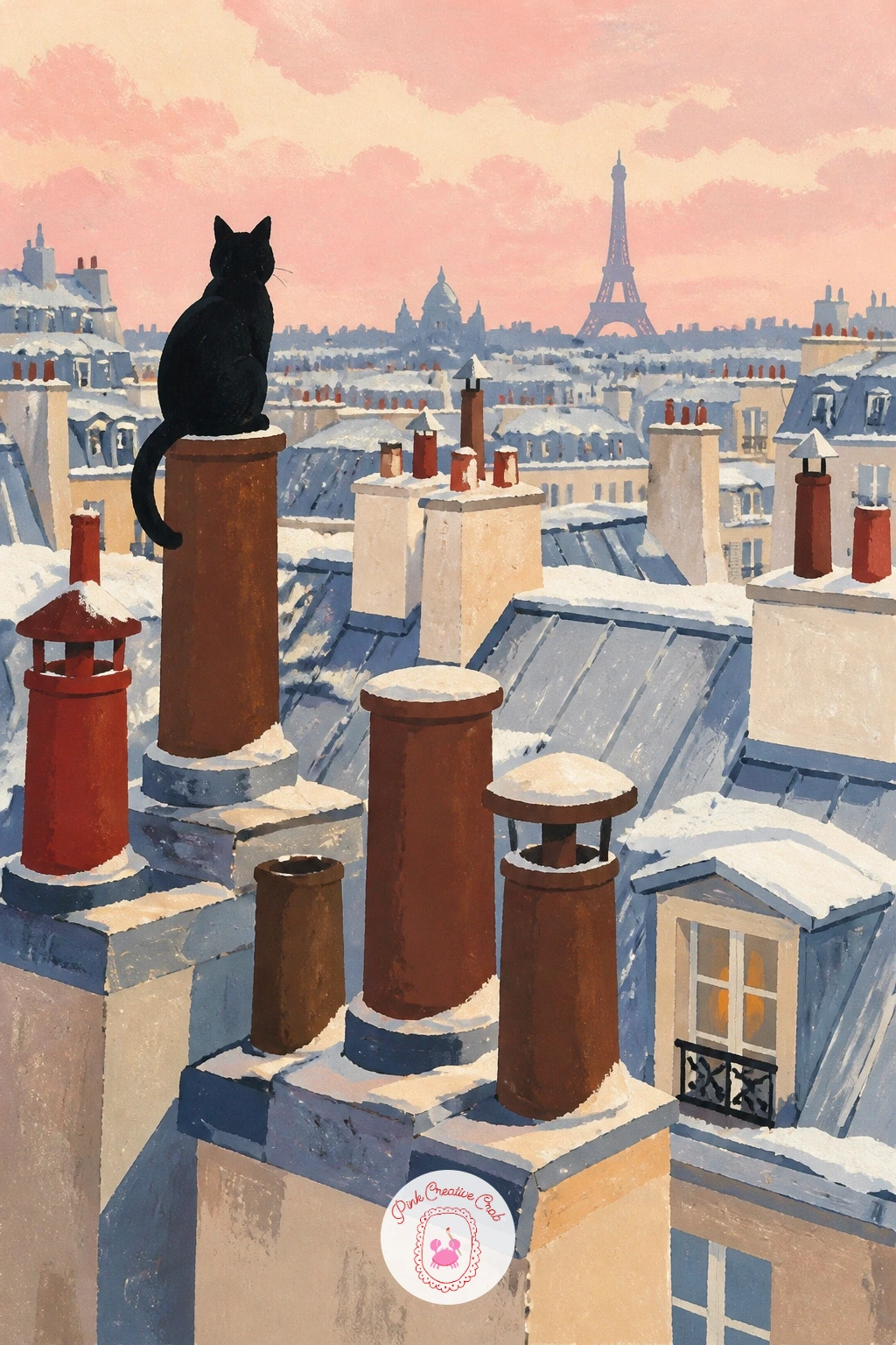 Rooftop View of Paris Chimneys With a Cat — Change the eye level entirely for this one: a rooftop view across snowy Paris chimneys, a cat perched among them.