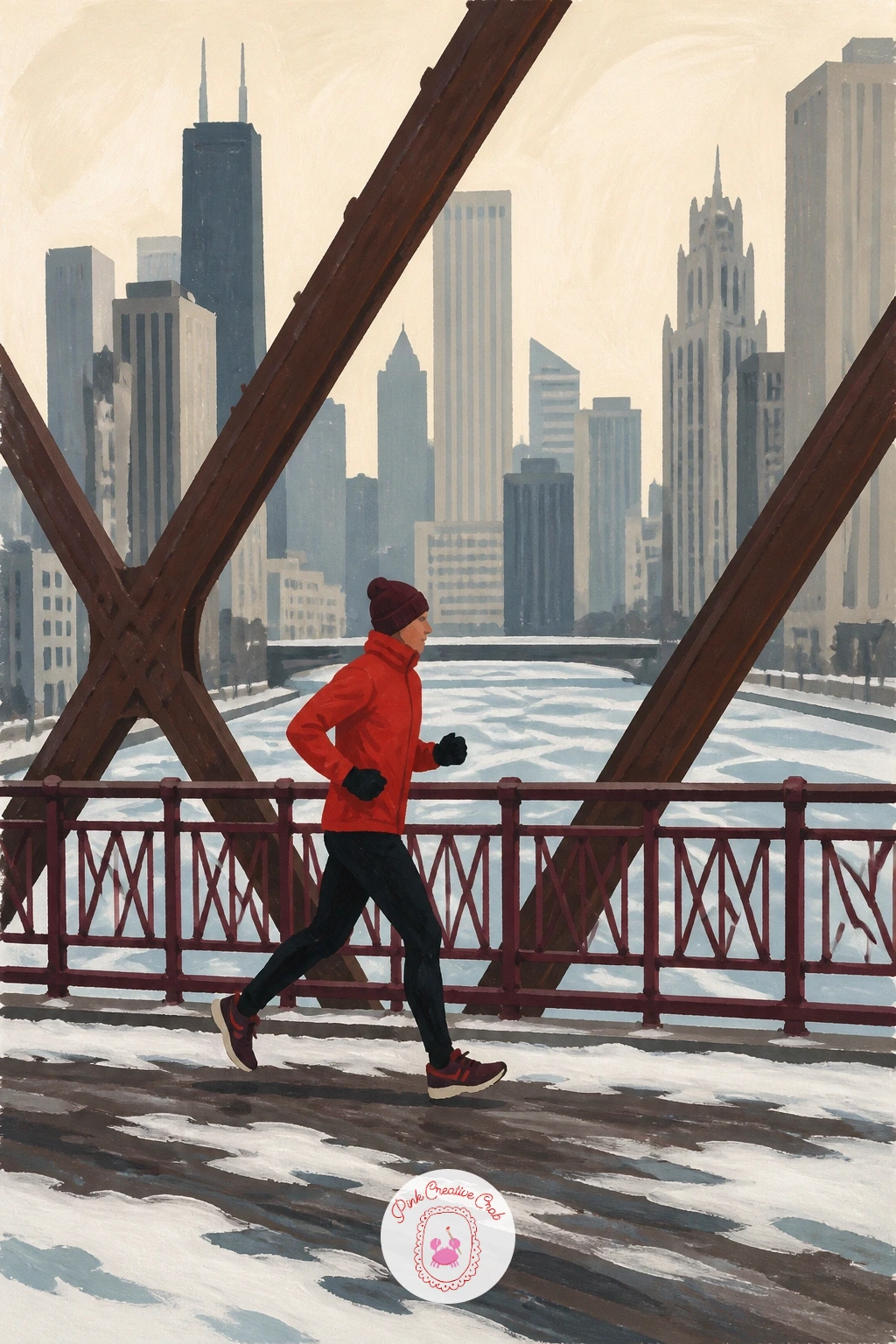 Jogger on a Frozen Chicago River Bridge — Add motion again with a jogger crossing a bridge over a frozen river in Chicago. City illustration