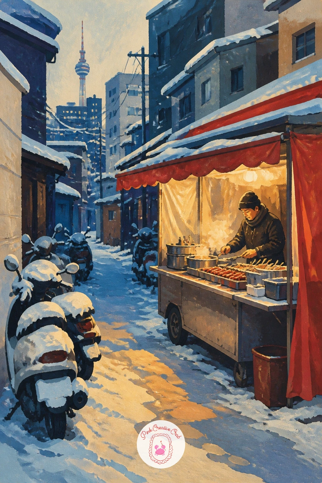 Seoul Alley With a Street Food Cart — Shift the mood with a Seoul alley, snow settling on parked scooters and a small street food cart glowing nearby. City