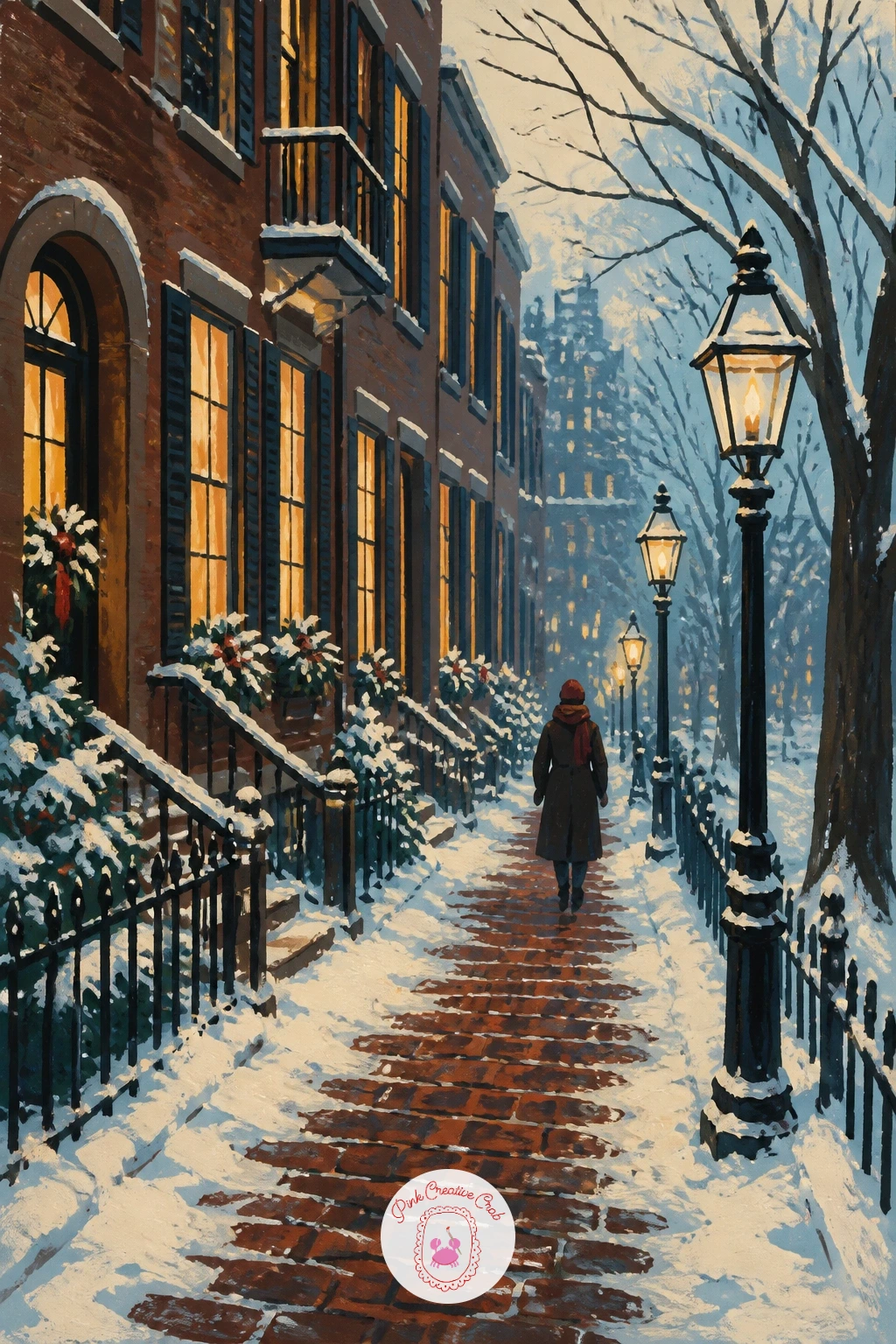 Boston Brick Street With Gas Lamps — Slow the pace with a snowy Boston brick street, gas lamps lit along its length and one walker heading home. City