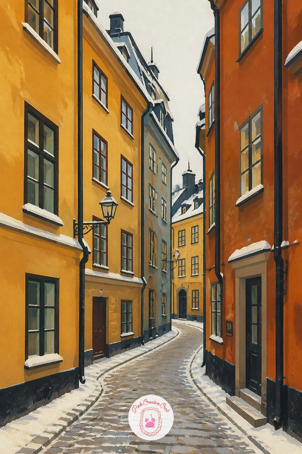 Stockholm Old Town Alley — Narrow the view again for a Stockholm old town alley, its houses painted in mustard and rust tones leaning close together. City