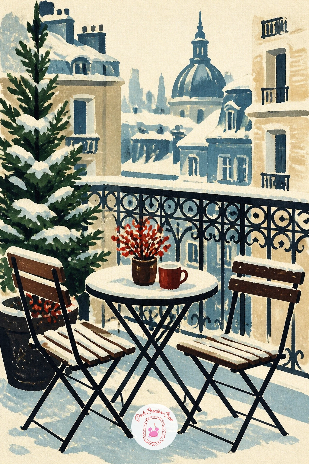 City Balcony With a Bistro Set in Snow — Bring the scene in close with a single city balcony, a small bistro table and chairs dusted in snow, a plant or two
