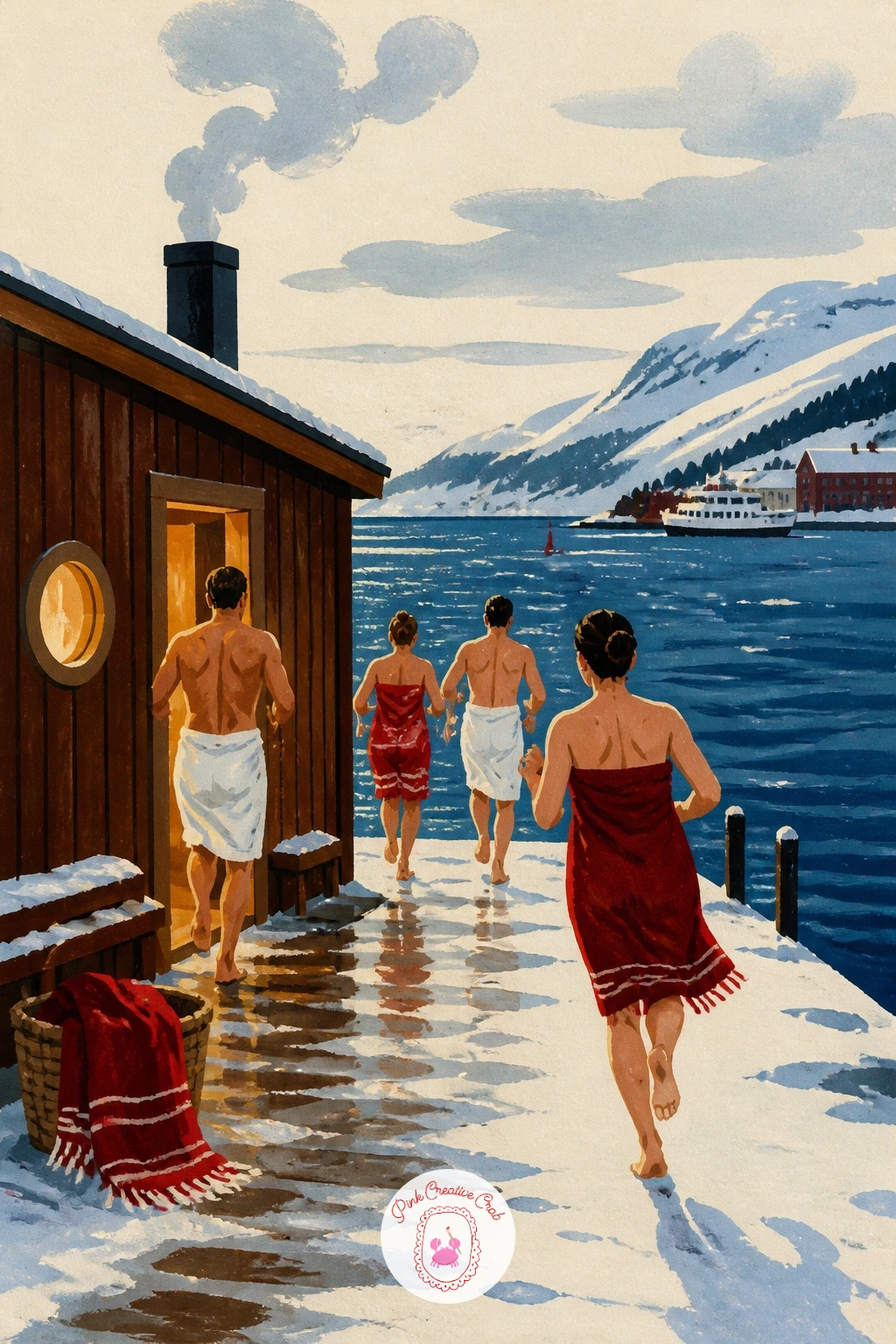 Oslo Harbor Sauna With Bathers — Here is a livelier scene: an Oslo harbor sauna with bathers running toward the fjord in the cold. City illustration
