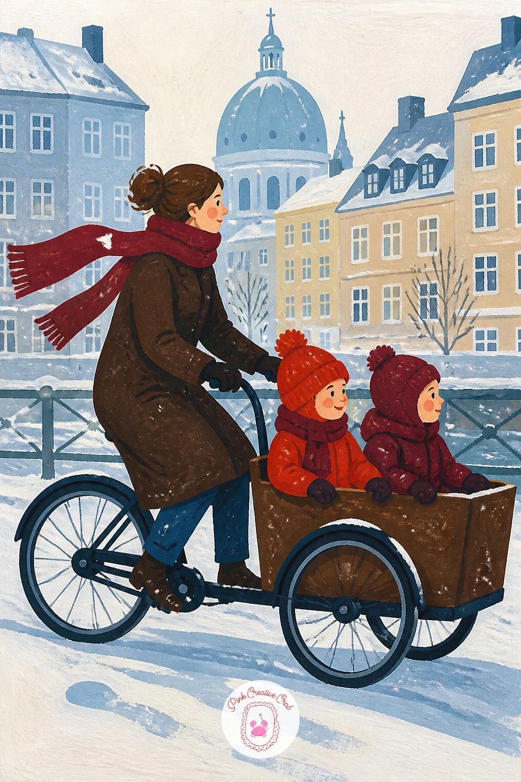 Copenhagen Mother on a Cargo Bike — Return to Copenhagen for a warmer family moment: a mother cycling a cargo bike with two kids bundled in snowsuits in the