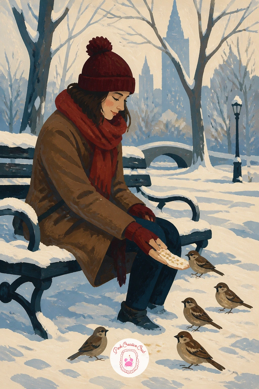 Woman Feeding Sparrows in Central Park — Slow right down with a quiet moment: a woman on a Central Park bench feeding sparrows in the snow. City illustration