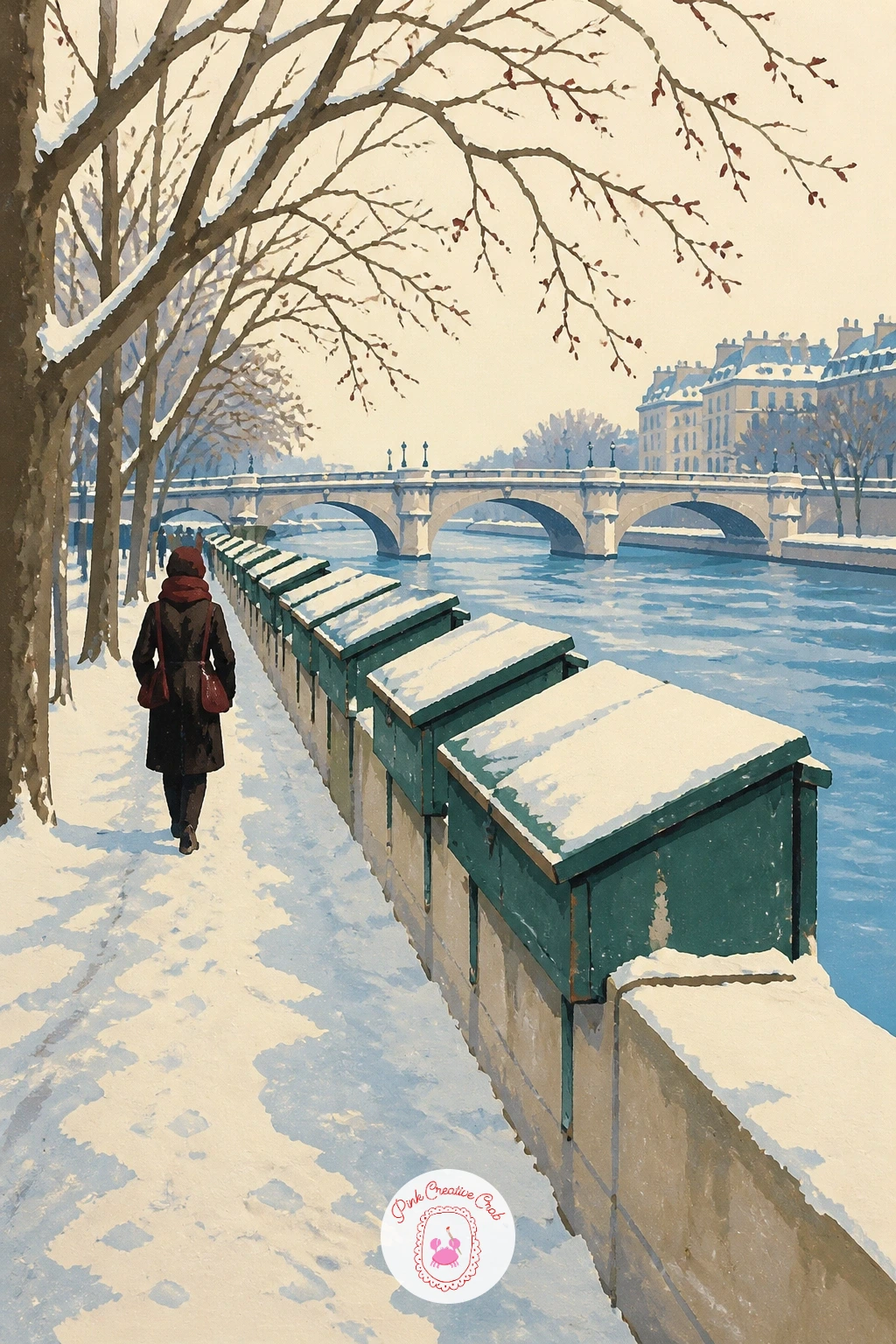 Closed Bookstalls Along the Seine — Give the Seine a quiet off-season moment: the green bookstalls along its bank closed and dusted with fresh snow. City